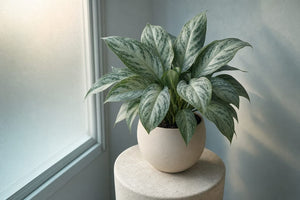 Serene dawn interior with a mature Chinese evergreen on pedestal, Best low light plants