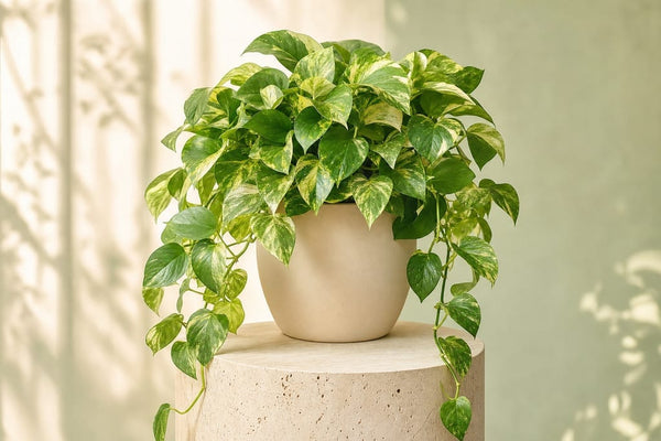 Single thriving variegated pothos in a pale clay pot, showcasing Easy houseplants appeal