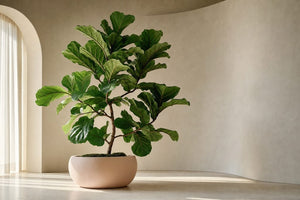 Sculptural fiddle leaf fig in blush-stone planter showcasing Large indoor plants in a minimalist interior