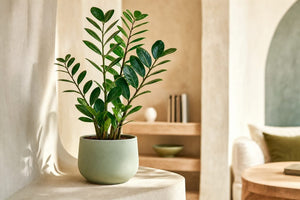 Bright minimalist reading nook featuring a healthy ZZ plant, ideal ndoor plants for beginners