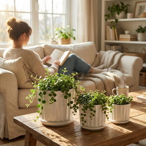 3-Piece White Ceramic Planter Pot Set with Fluted Design & Saucers