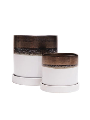 Bronze White Ceramic Plant Pot and Saucer